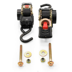 Camco retractable transom tie down strap mounted on trailer for secure travel.
