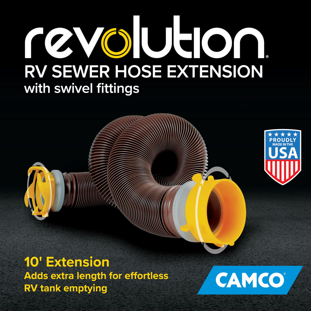 Camco Revolution 360 swivel fittings provide flexible alignment with any inlet.