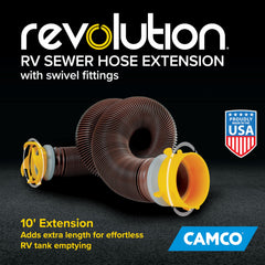 Camco Revolution 360 swivel fittings provide flexible alignment with any inlet.