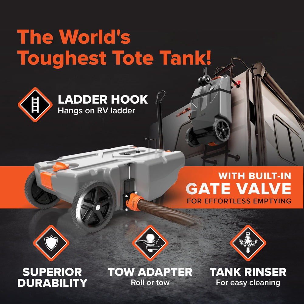 Built-in gate valve on Camco Rhino tote tank for quick emptying at dump stations.