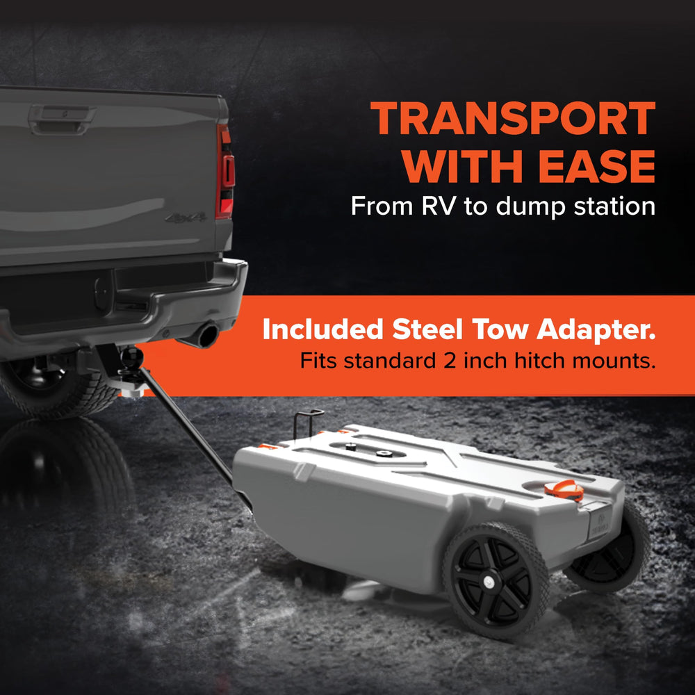 Smooth interior of Camco Rhino tote tank facilitates straightforward cleaning.