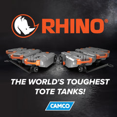 Compact storage option for Camco Rhino tote tank with compressed hose.