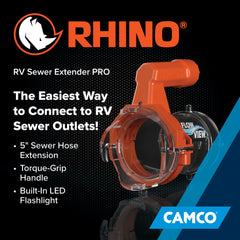 Camco Rhino RV Sewer Extender PRO battery-powered operation for portable use.