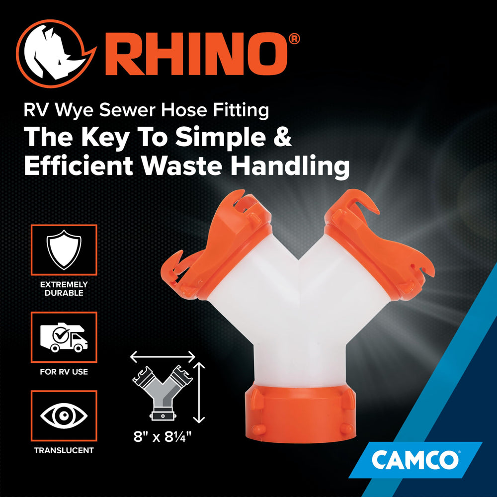 Camco RhinoFLEX dual hoses connected to a single dump station for streamlined dumping.