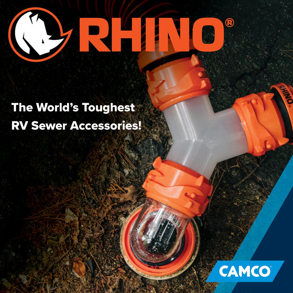 USA-made Camco RhinoFLEX ensures reliable RV waste management on any trip.