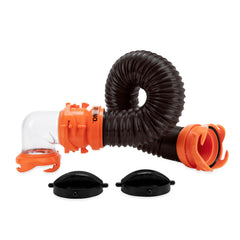 Camco RhinoFLEX tote tank hose in use showing secure odor-tight connection