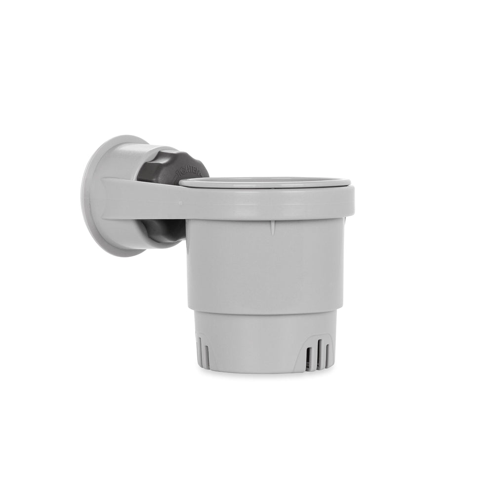 Camco RV cup holder with mechanical suction mounted on glass for a secure, portable drink spot.