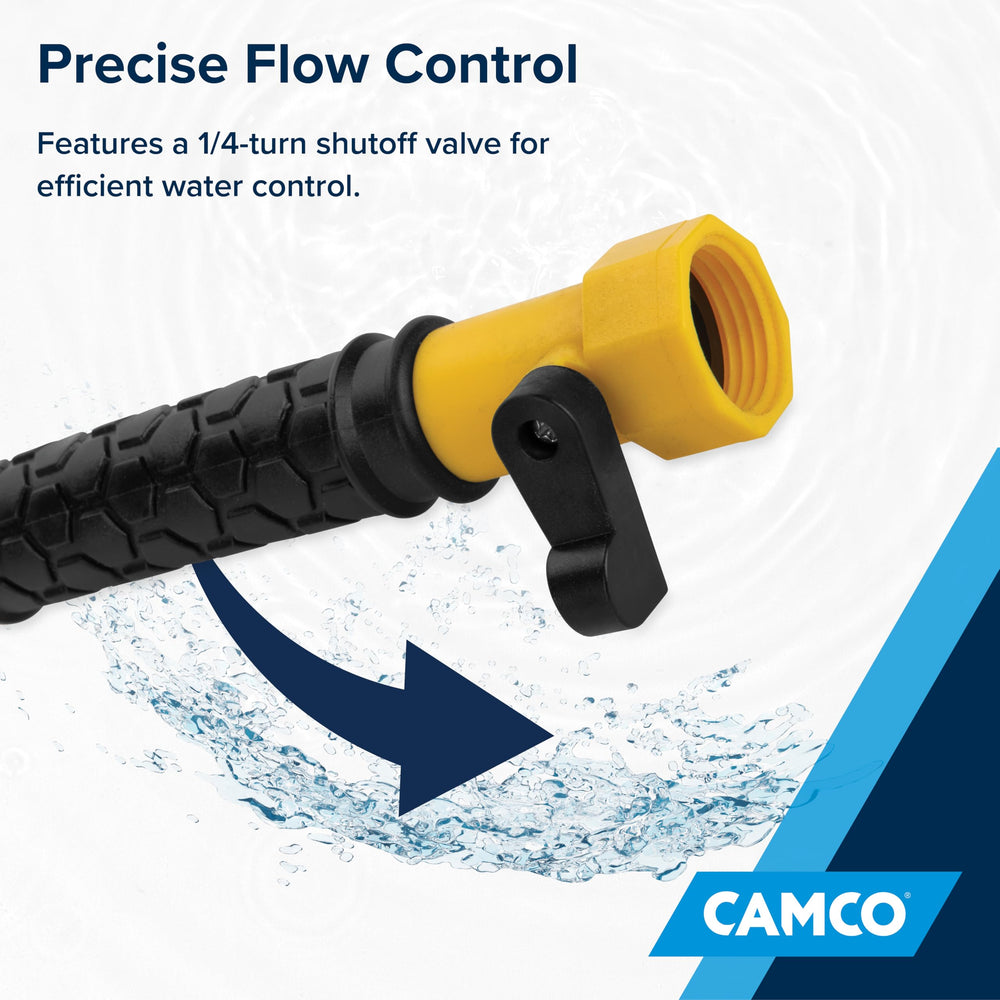 Camco Swivel Stik connects to standard garden hoses for quick, simple setup