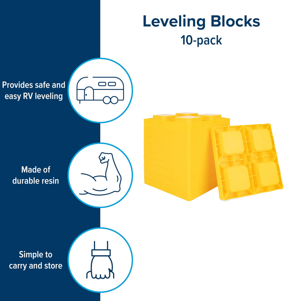 Camco RV leveling blocks 10-pack ready to level your camper on uneven ground.