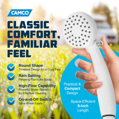 Camco RV outdoor shower head with on/off switch visible during water-saving use
