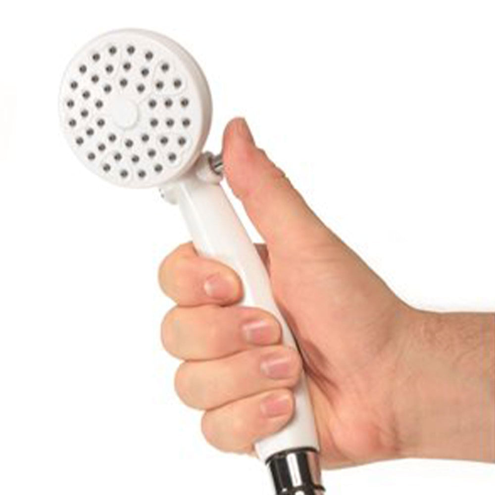 Camco RV outdoor shower head white close-up showing clean finish