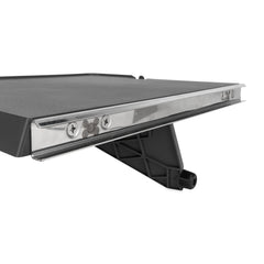 Camco RV exterior rail mounting table hangs on grill rail for convenience.