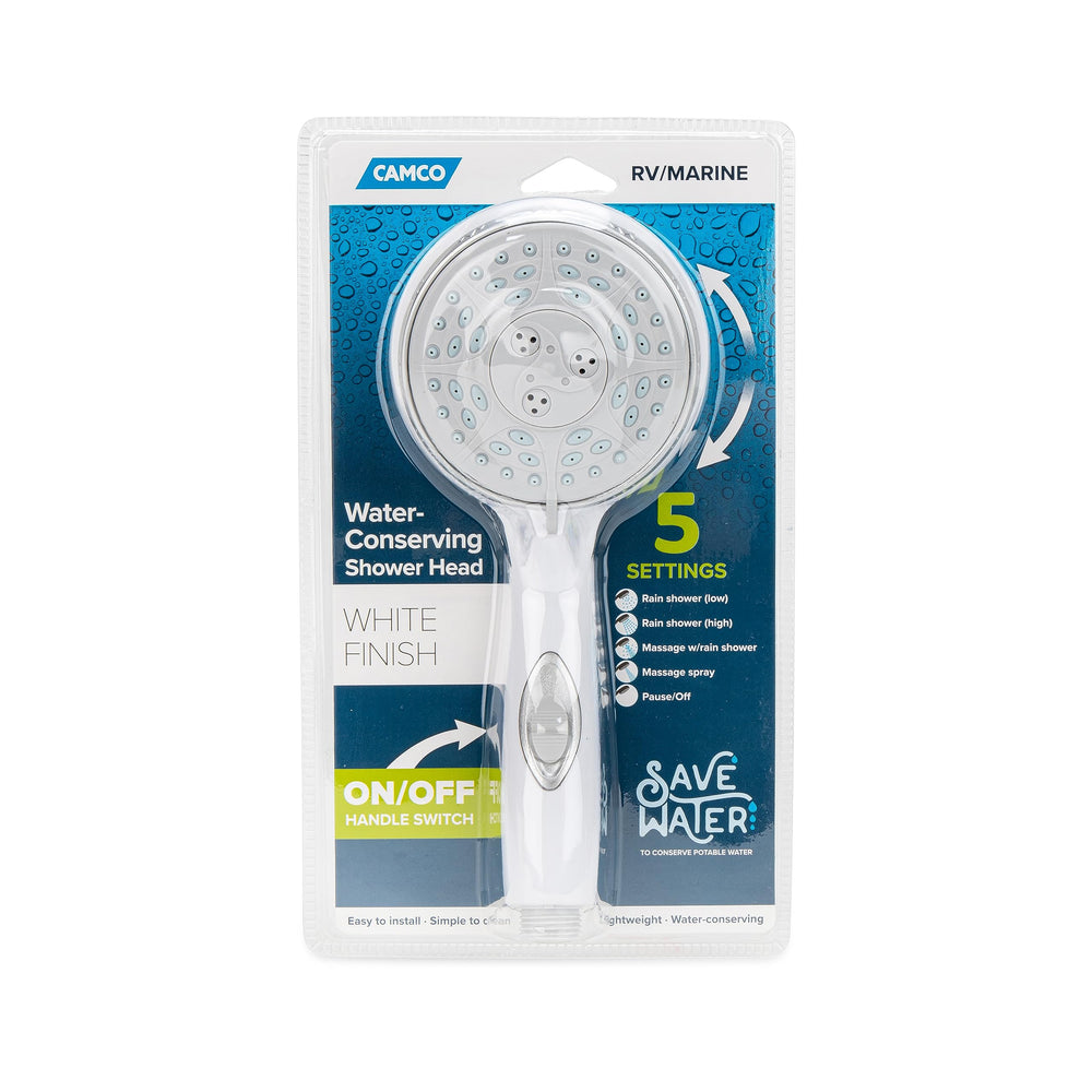 Camco RV shower head with 1/2-14 NPT threads for compatibility.