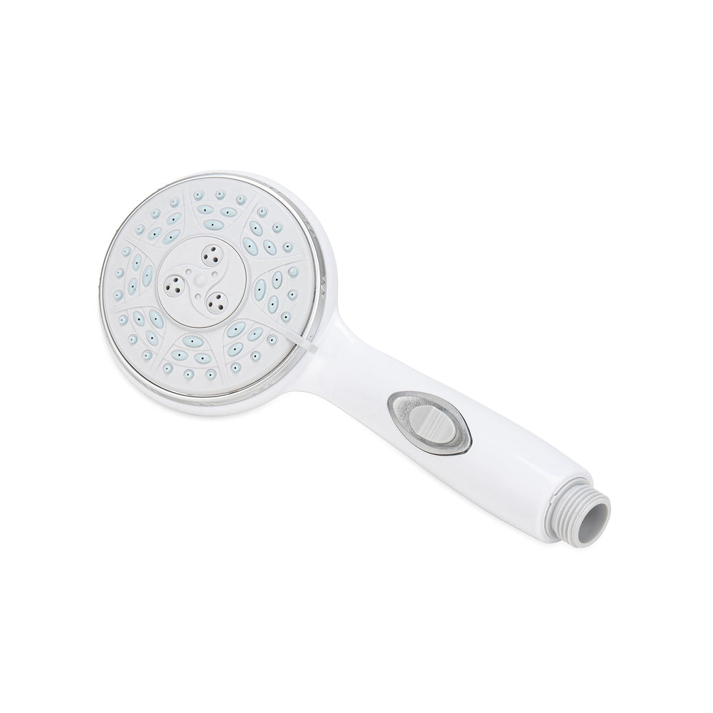 Camco RV shower head white front view highlights its compact form.