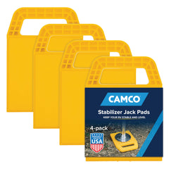 Camco RV Stabilizing Jack Pads with interlocking design stabilize jacks on uneven ground.