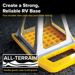 Camco RV Stabilizing Jack Pads quad-grid design distributes weight for solid support.