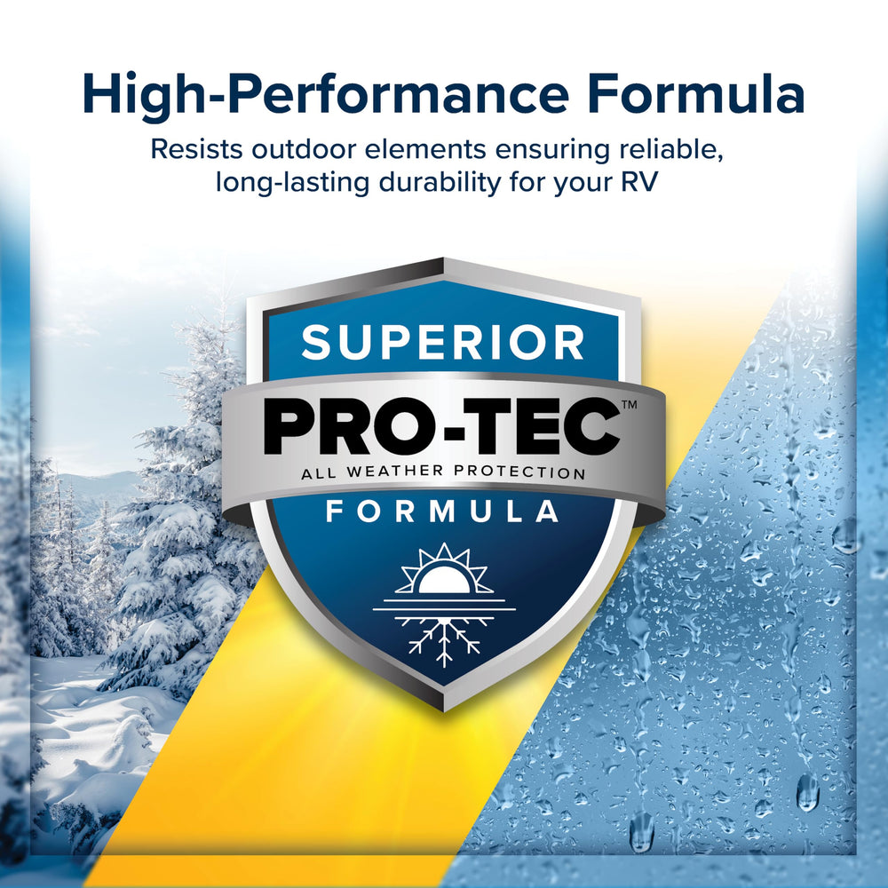 Camco RV Trim Non-Leveling Sealant bonding to surfaces highlights versatile adhesion on multiple materials.