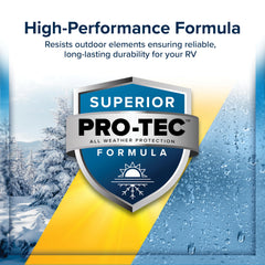Camco RV Trim Non-Leveling Sealant bonding to surfaces highlights versatile adhesion on multiple materials.