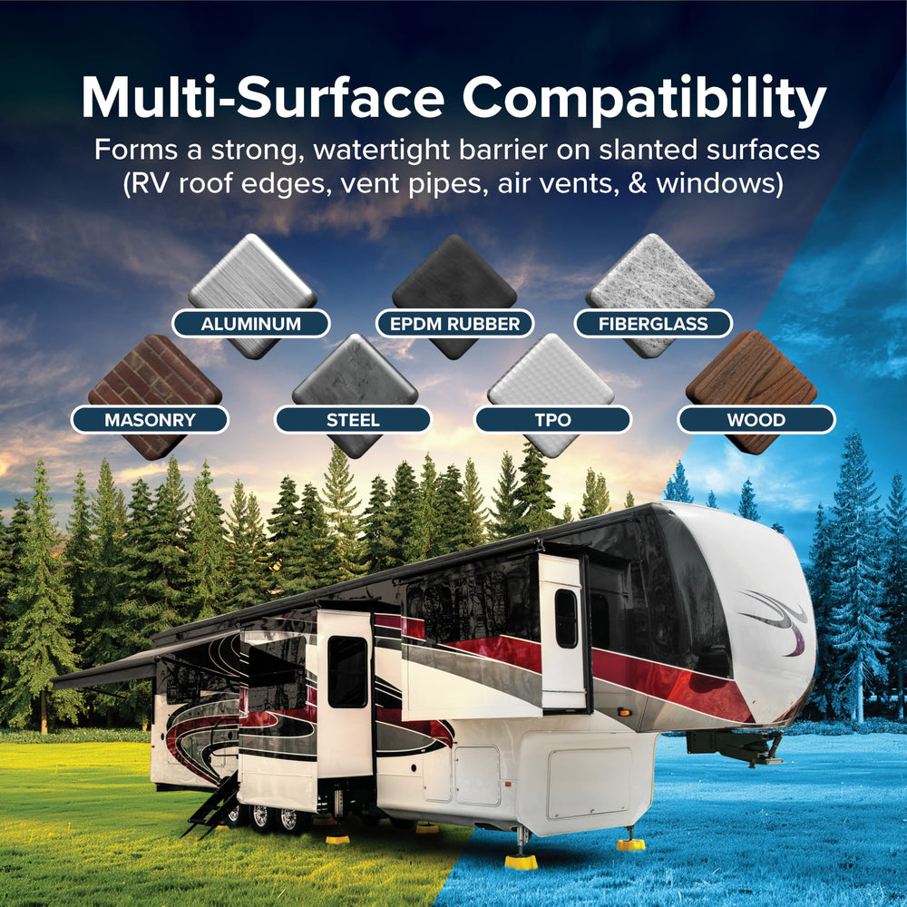 Camco RV Trim Non-Leveling Sealant quick curing emphasizes time-saving repairs without sacrificing quality.