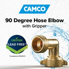Camco solid brass elbow construction designed for outdoor hose connections.