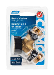 Camco solid brass water wye valve installed with hoses supports versatile, compliant connections.