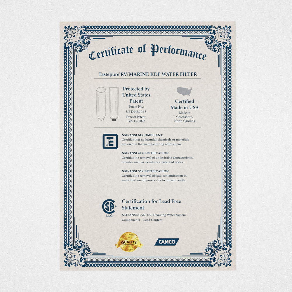 Camco Tastepure 20-micron sediment protection for clearer drinking water.