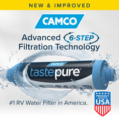 Camco Tastepure RV water filter inlet and outlet connections for easy hose setup.