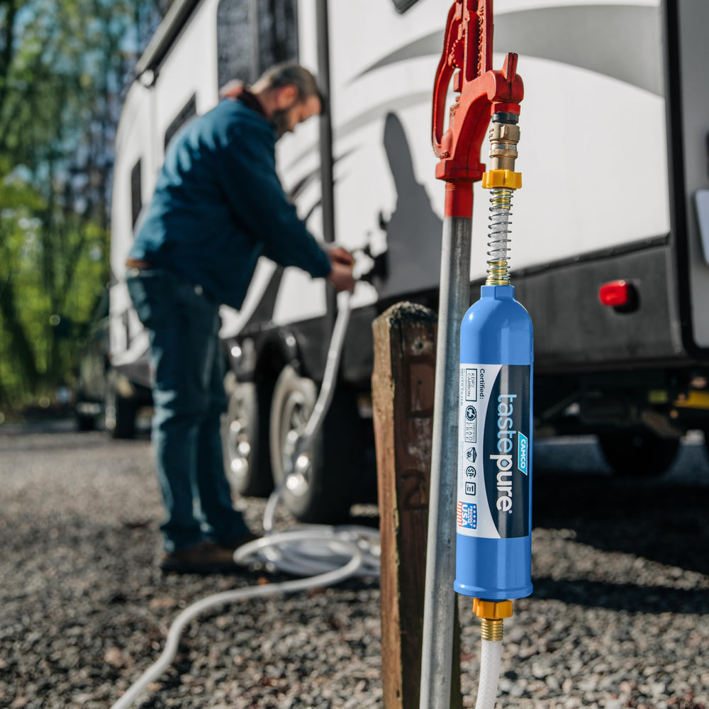 Camco Tastepure XL wide-flow design image indicates quicker filling during trips.