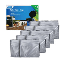 Camco Toilet Waste Bags 10-pack, ready for outdoor trips, reliable mess containment.