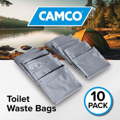 Camco biodegradable powder inside bags aids liquid solidification for easier disposal.