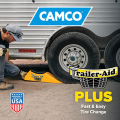 Camco Trailer-Aid Plus in use, no unloading needed during tire service