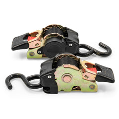 Camco transom tie down with ratchet mechanism for quick tensioning.