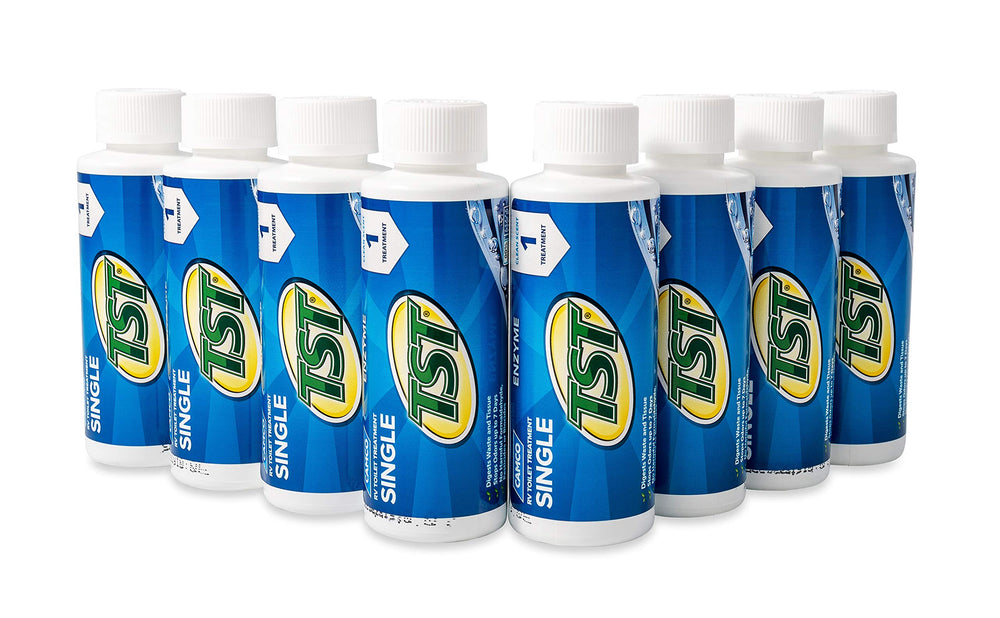 Camco TST Blue enzyme bottle pouring into RV toilet to control odors.