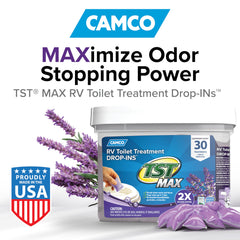 Camco TST MAX Lavender Drop-In delivers long-lasting RV odor control.