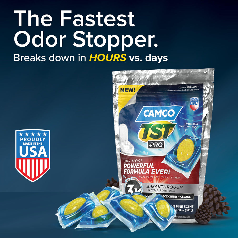 Camco TST PRO Drop-Ins inside toilet show compact formula for rapid breakdown.