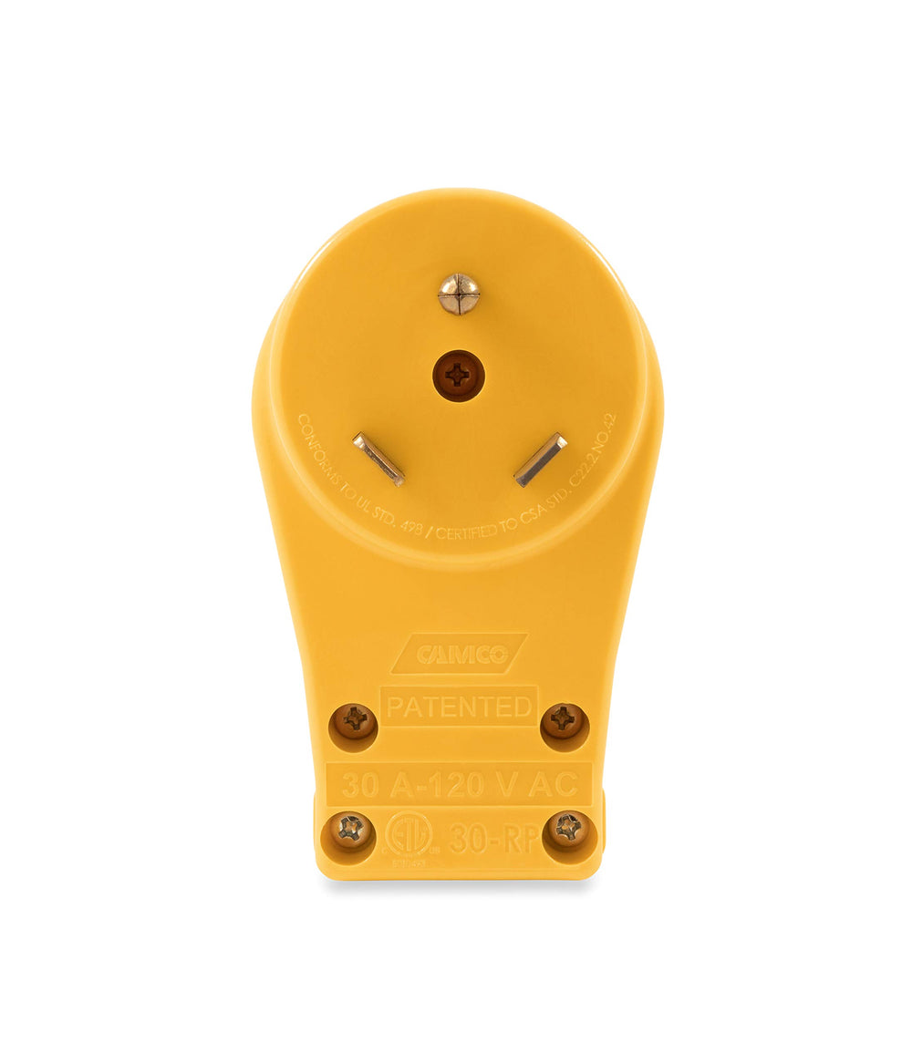 Camco TT-30P male plug close-up showing secure connection and rugged build.