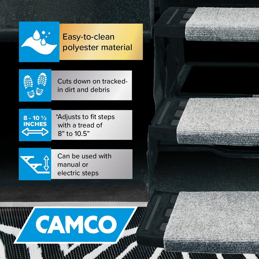 Camco step rug helps reduce tracked dirt during campground transitions.