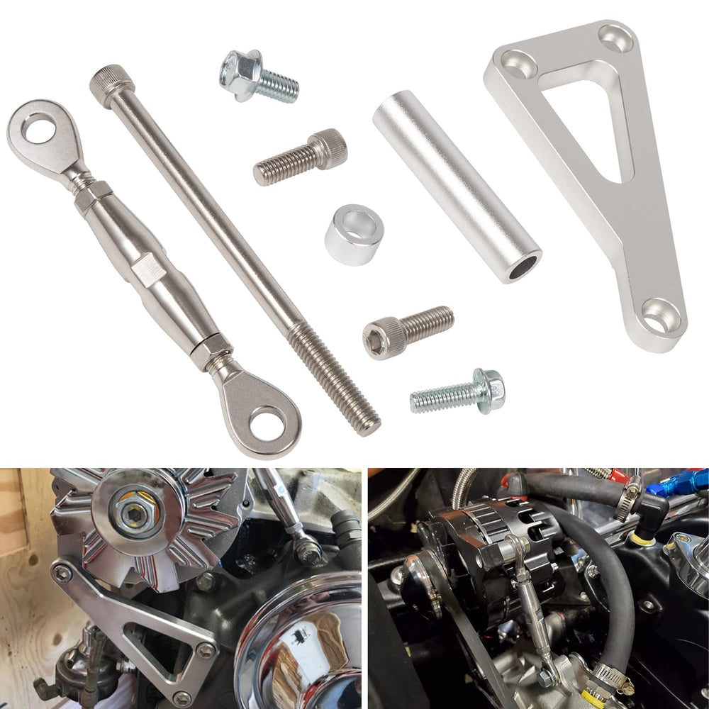 Camoo billet-alternator bracket front view with long pump for a cleaner engine bay.