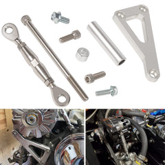 Camoo billet-alternator bracket front view with long pump for a cleaner engine bay.