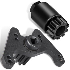 Camoo flywheel turning tool kit shown on Volvo engine for precise crank rotation during timing checks.