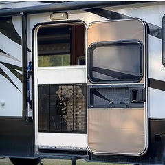 CAMPER MATTERS durable and corrosion-resistant grille protects the screen door for longer trips.