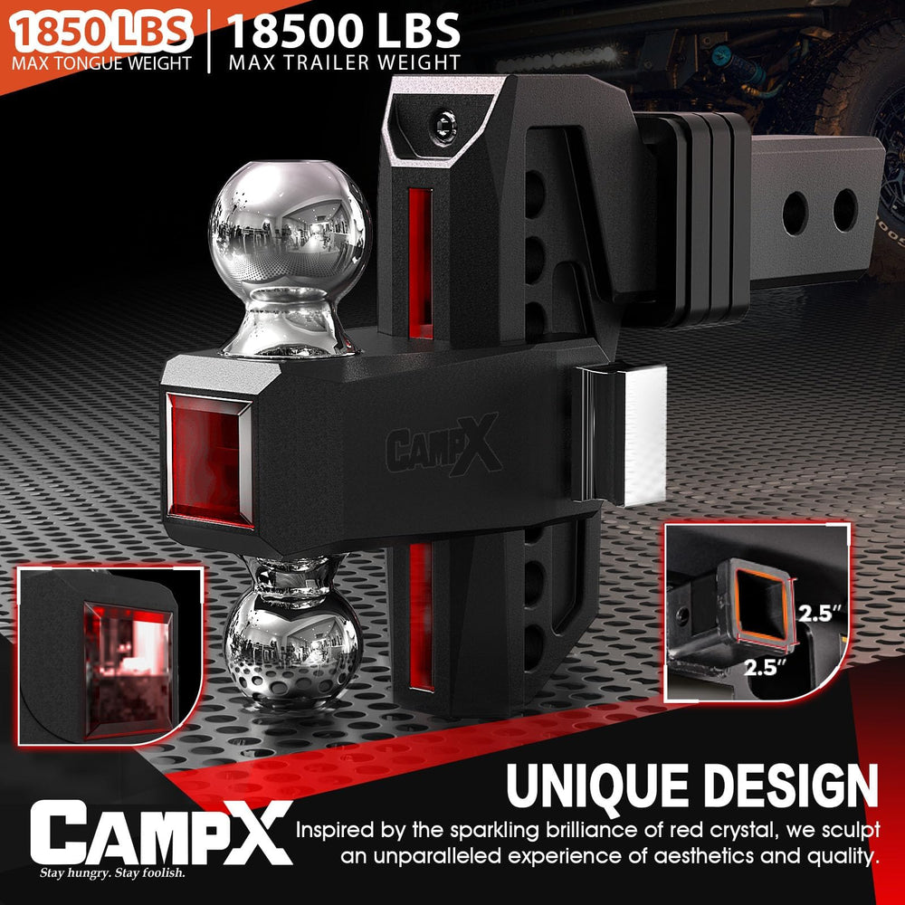 CampX 6 inch drop hitch demonstrates flexible height adjustment for level towing