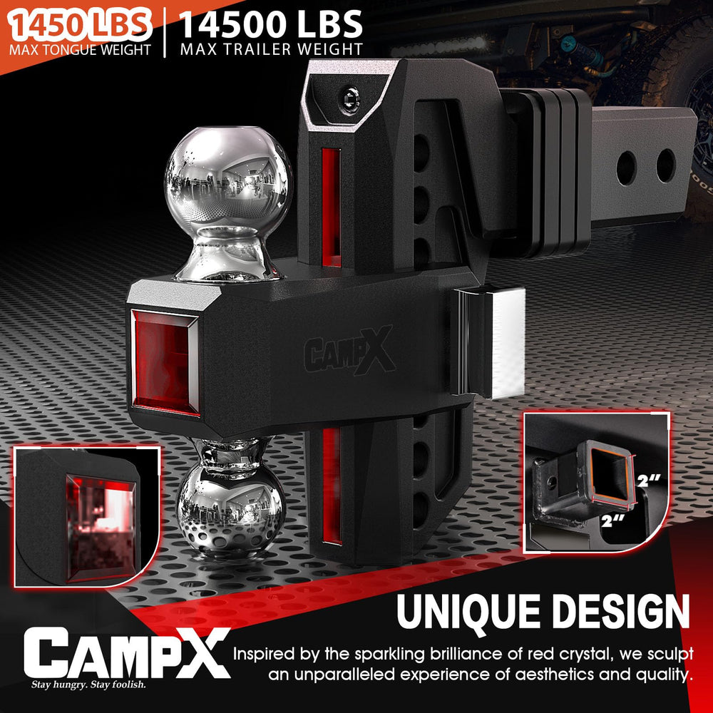 CAMPX hitch displaying the 6 drop rise adjustment for trailer height