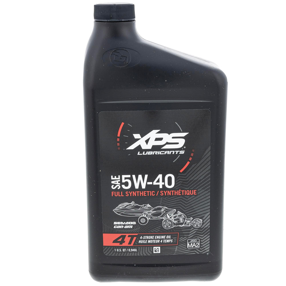 Can-Am 9779488 OEM synthetic oil 5W40 bottle closeup for performance fluids.