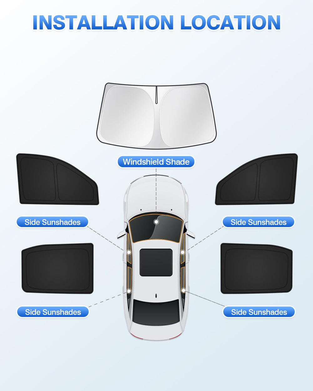 Canvcle sun shades install in minutes and come with a storage bag.
