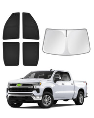 Canvcle sunshade full window cover on GMC Sierra Crew Cab providing UV protection.