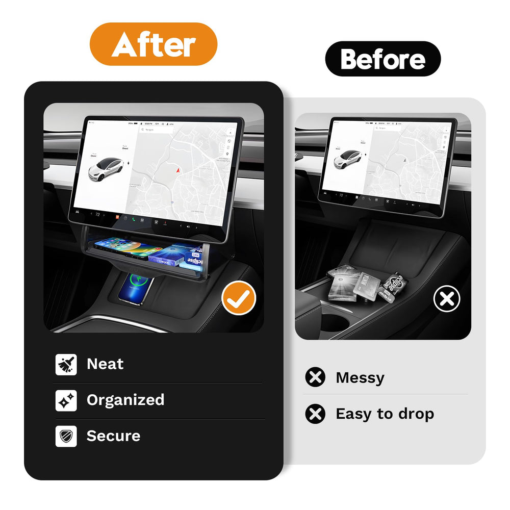 Canvcle under screen storage tray with anti-slip pad keeps items secure.