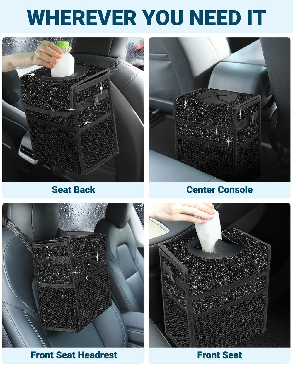 Capolo trash can with side hooks stays steady in the vehicle.