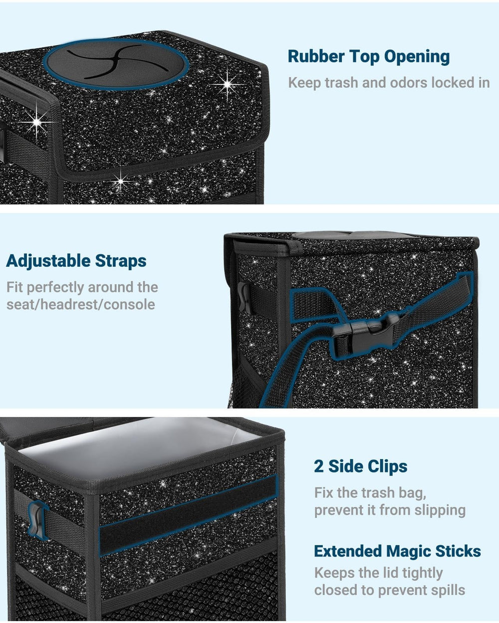 Capolo car trash can interior shows leakproof lining for spills.