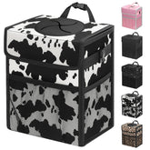 Capolo cow-print car trash can with lid keeps cabin tidy on road trips.